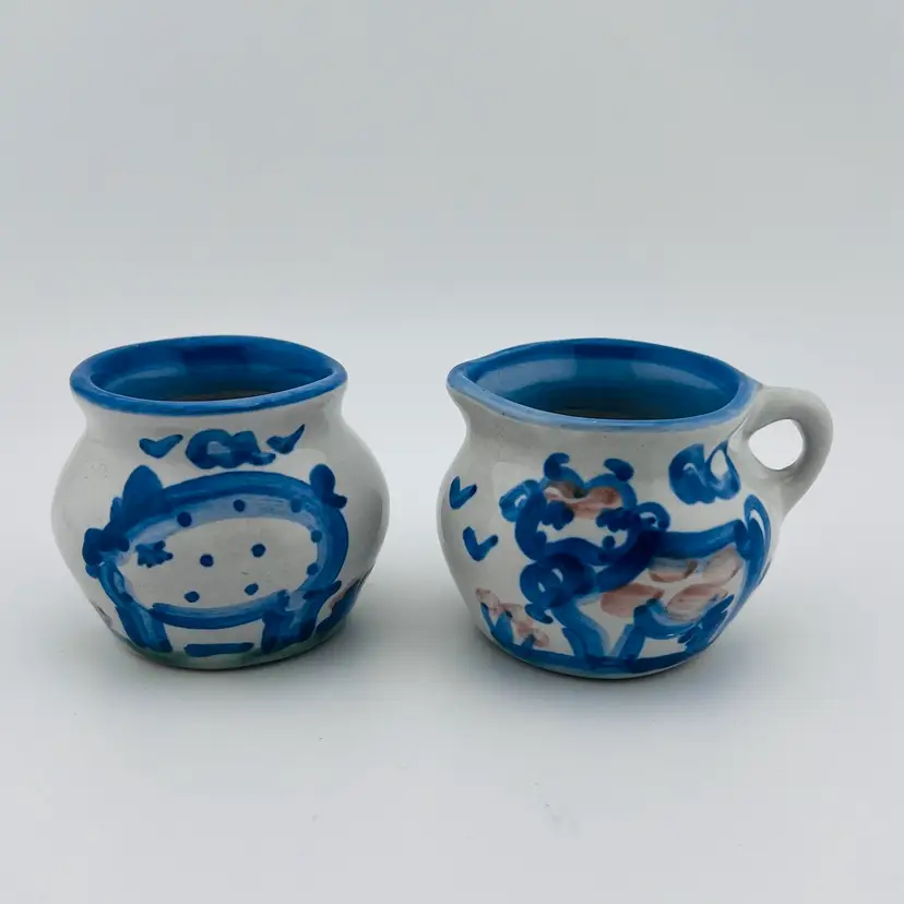Vintage Signed MA Hadley Pottery Mini Cow Creamer And Pig Sugar Bowl 2”