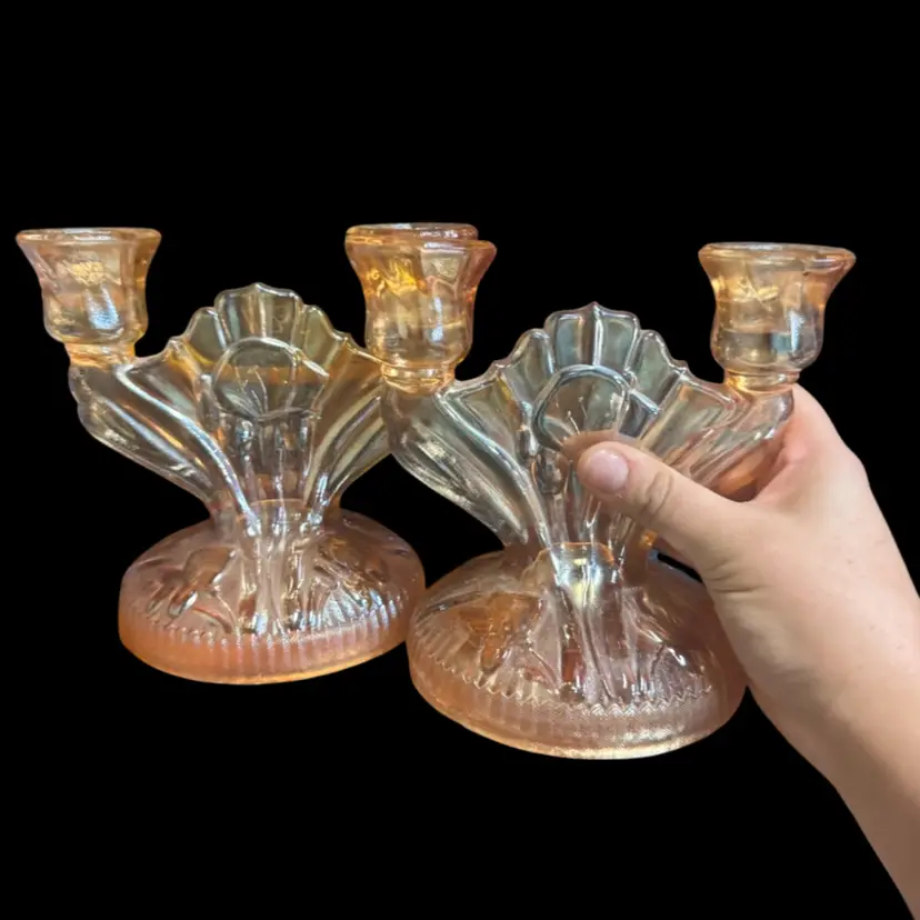 Vtg Jeanette Iris & Herringbone Marigold Carnival Glass 2-arm Candle Holder Pair