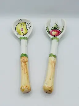 Vintage Italian Ceramic Majolica Large Serving Spoon and Fork with Fruit Design