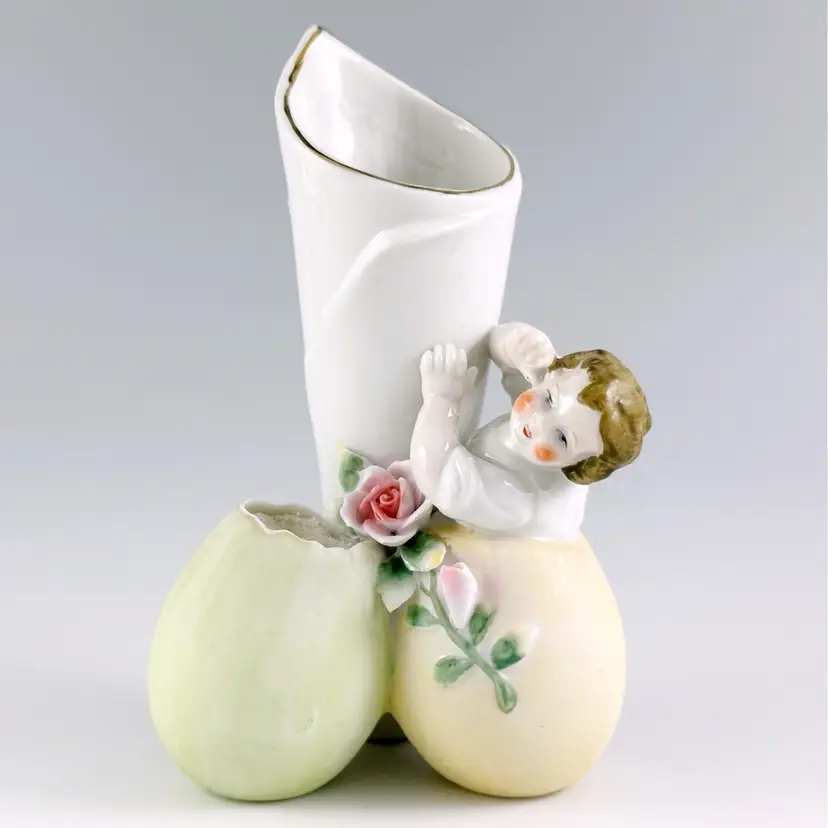 Arnart Hand-Painted Porcelain Bud Vase, Boy & Colored Easter Eggs, Vintage Made in Japan