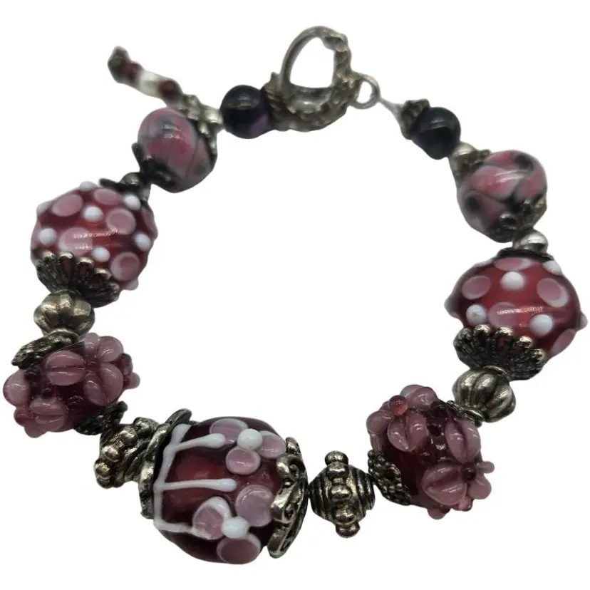 Handcrafted Pink Red Art Glass Bracelet w/Toggle Clasp