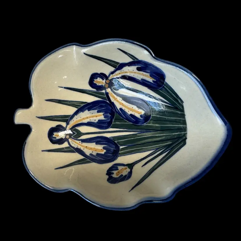 Hand-painted Polish pottery leaf-shaped dish with iris motif.
