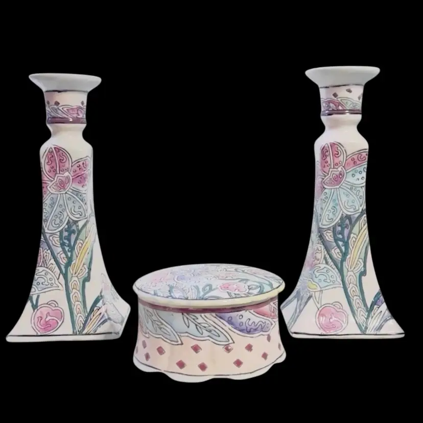 Vintage Console Dresser  Set 2 Candle  Holders 1 Trinket Powder BoxHand Painted Macau 1980s