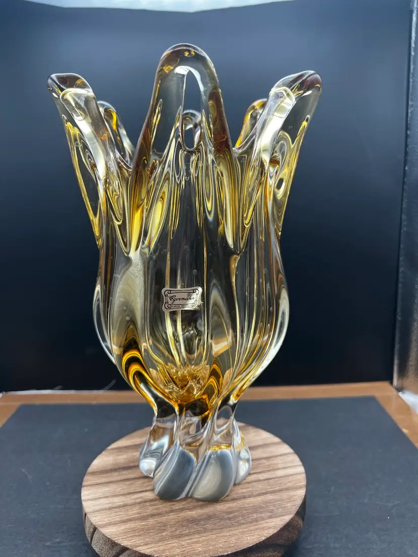 #760B Vintage Amber and Clear Glass Crystal Vase Egermann Czech Republic
