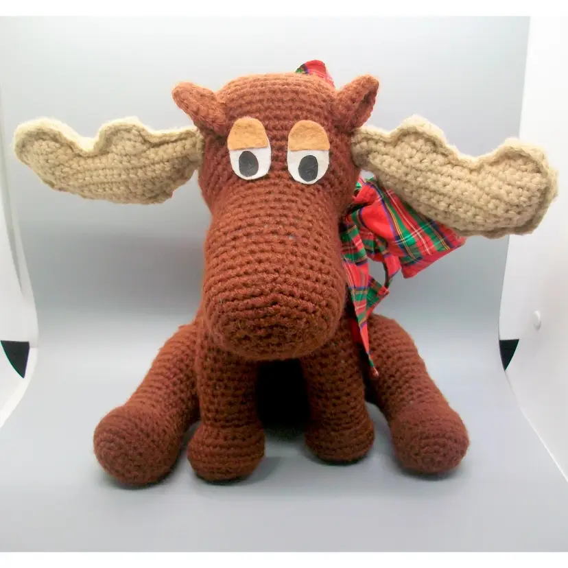 Crochet Amigurumi Brown Moose Red Plaid Christmas Bow