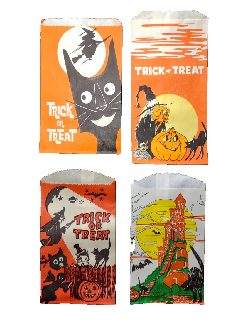 Vintage Halloween Trick Or Treat Candy Loot Bags Haunted Castle Witch Black Cats