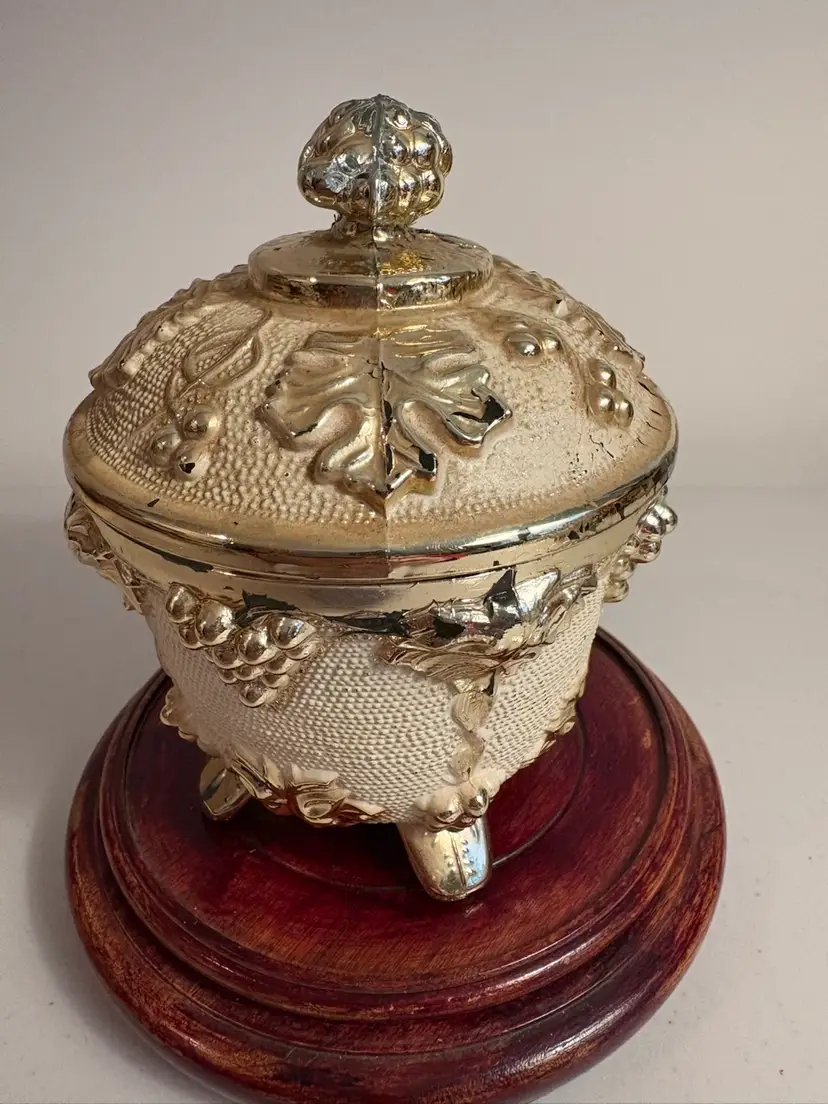 Decorative Glass Jar with Silver Tint Coating and Lid Grapes Leaves 5-1/2" Tall