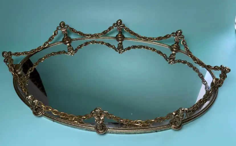 Vintage 18" Hollywood Regency Ormolu Mirrored Vanity Tray Gold Cameo Busts Chain