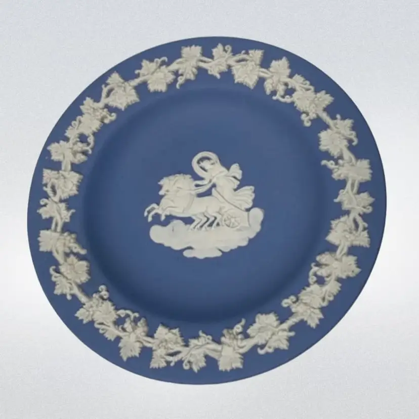 Wedgewood Jasperware Blue 4.5” Plate Chariot Horse Scene. England