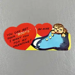 Vintage Die Cut Valentine Card Anthropomorphic Puppy In Boot Be Mine
