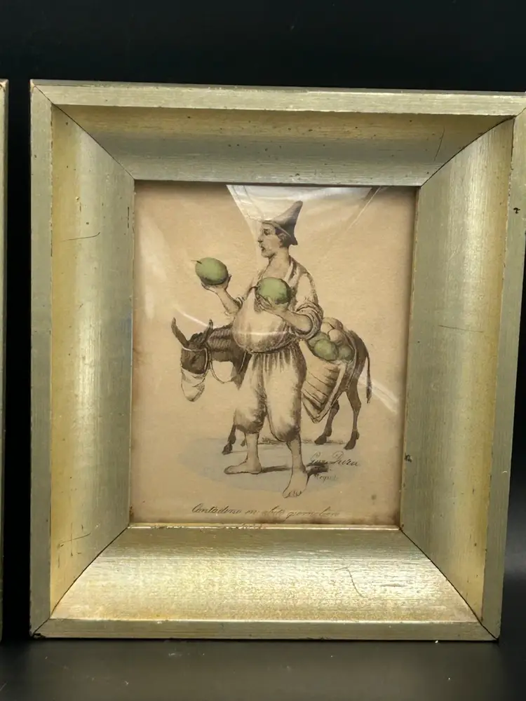 Vintage Framed Hand Colored Etching Man With Mule With Loaded Saddle Packs