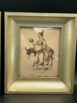 Vintage Framed Hand Colored Etching Man With Mule With Loaded Saddle Packs