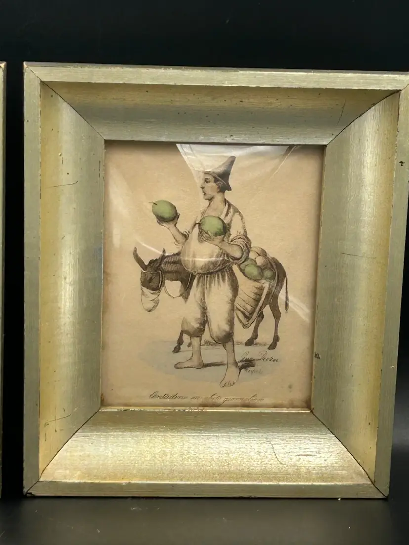 Vintage Framed Hand Colored Etching Man With Mule With Loaded Saddle Packs