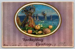 Postcard Thanksgiving Greetings Embossed Oval Framed Fall Harvest Scene  - 14511