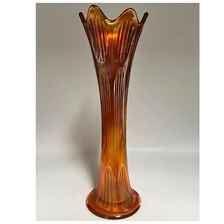 Imperial Glass - Marigold Carnival Glass- Diamond & Ribbed- Swung Vase- 6 Point- 11.5”