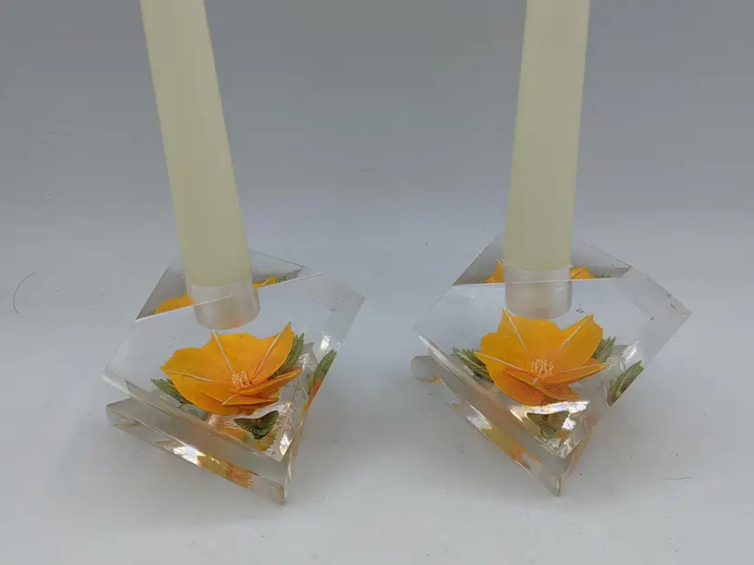 Set Of Vintage Bircraft Lucite Acrylic CUBE CANDLE HOLDER SCULPTURE Yellow Rose STUNNING.