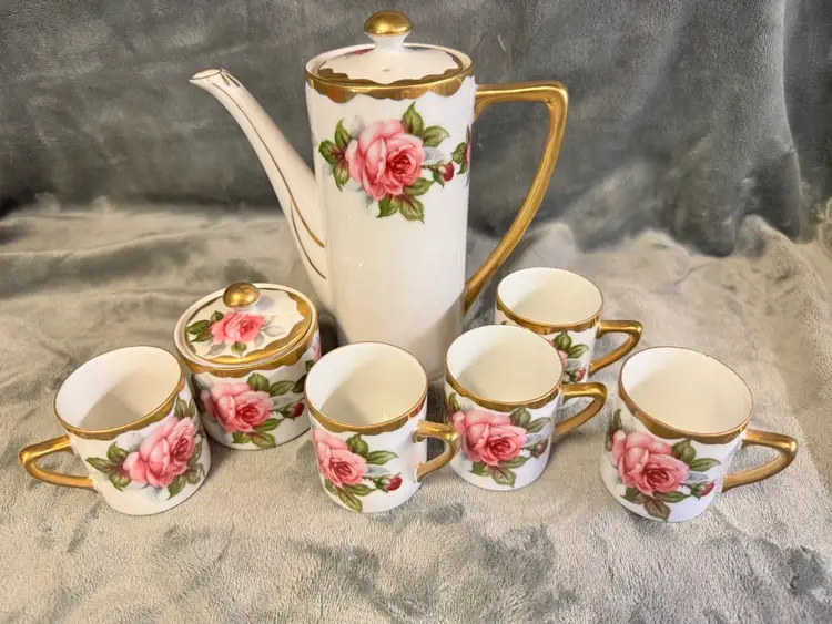 VTG Set/7 Andrea By Sadek Japan Tea Set Teapot Cups Sugar W Lid Pink Rose Gold