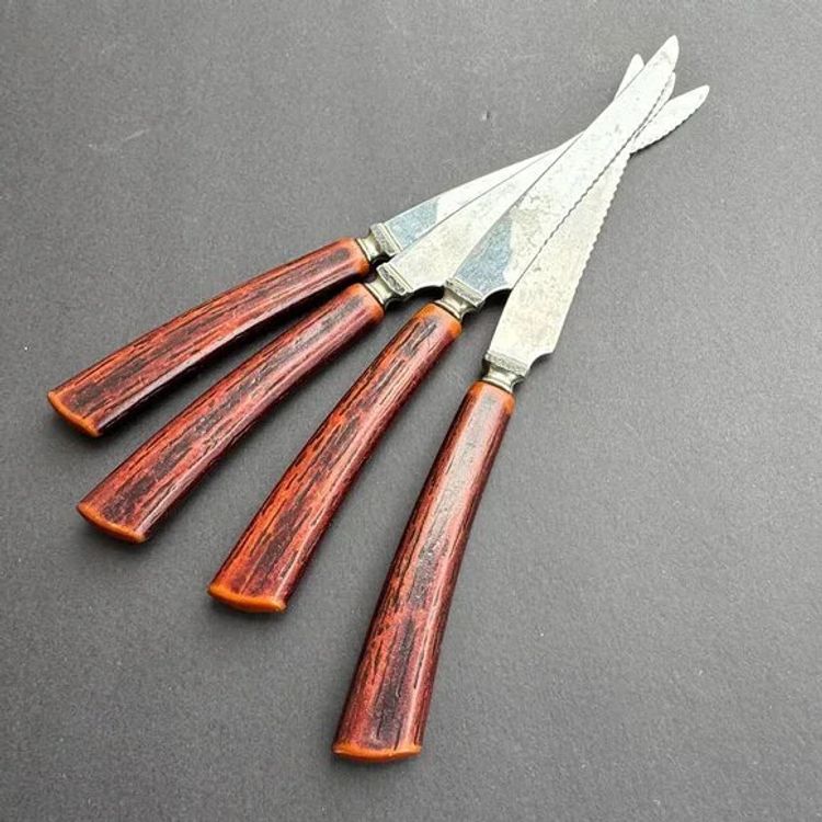 Vintage Set of 4 Steak Knives by Glo Hill Canada Faux Antlers & Stainless Steel