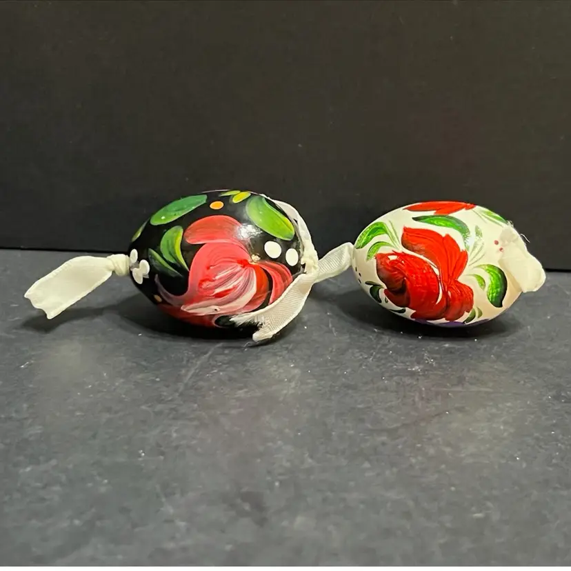 Pair of Hand Painted Floral Wooden Egg Ornaments
