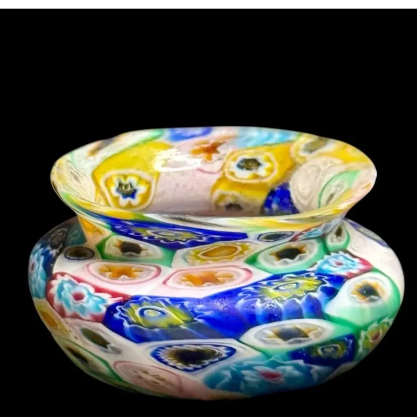 Antique Hand Blown Murano Vase Millefiori Multicolor Satin Finish Circa 1900βs
1-3/4β T x 2-3/8β W (top) x 2-1/2β W (largest Section)