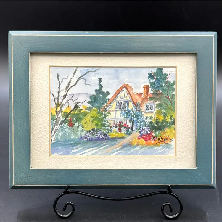#01 Hand Painted Watercolor Picture Of A Garden And Tutor Home.