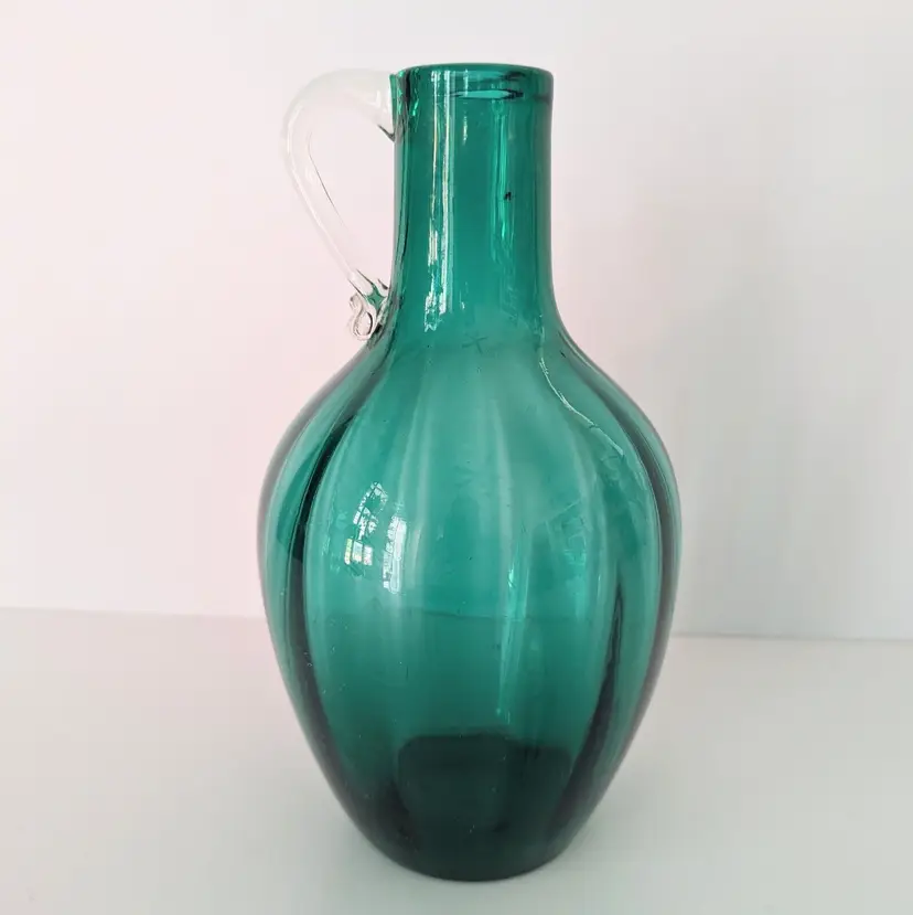Vtg Beacon Glass Company Green Optic Stripe Pitcher Vase with Clear Handle 8.5"