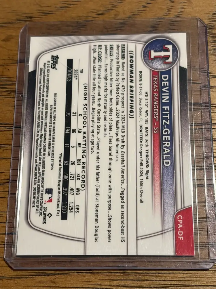 Devin Fitz-Gerald 2025 Bowman Chrome Yellow Refractor Auto /75 Texas Rangers