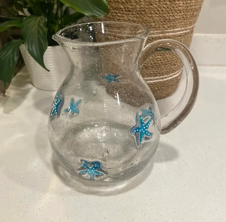 Hand Blown Glass Pitcher w/ Blue Starfish 3QT 8.5” Tall
