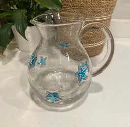 Hand Blown Glass Pitcher w/ Blue Starfish 3QT 8.5” Tall
