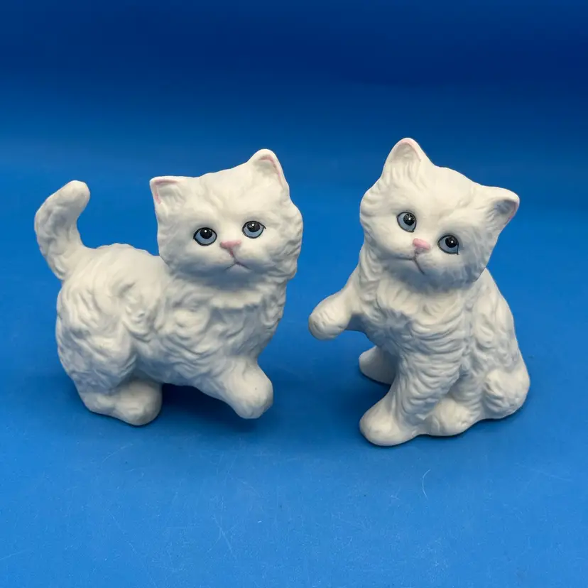Vintage Homco Bisque Porcelain White Persian Kitten Figurines -Set Of 2