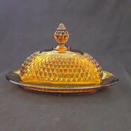 Covered Butter Dish Indiana Glass Diamond Point Amber Vintage with Fleabite 5¼" tall × 8⅞" long approximately