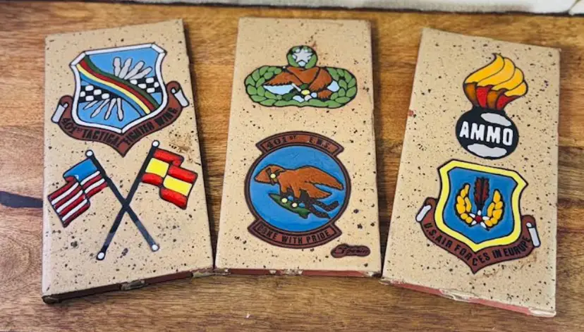 Set of 3 Hand Painted Military Patches on Ceramic Tiles Made in Spain 8" X 4"
