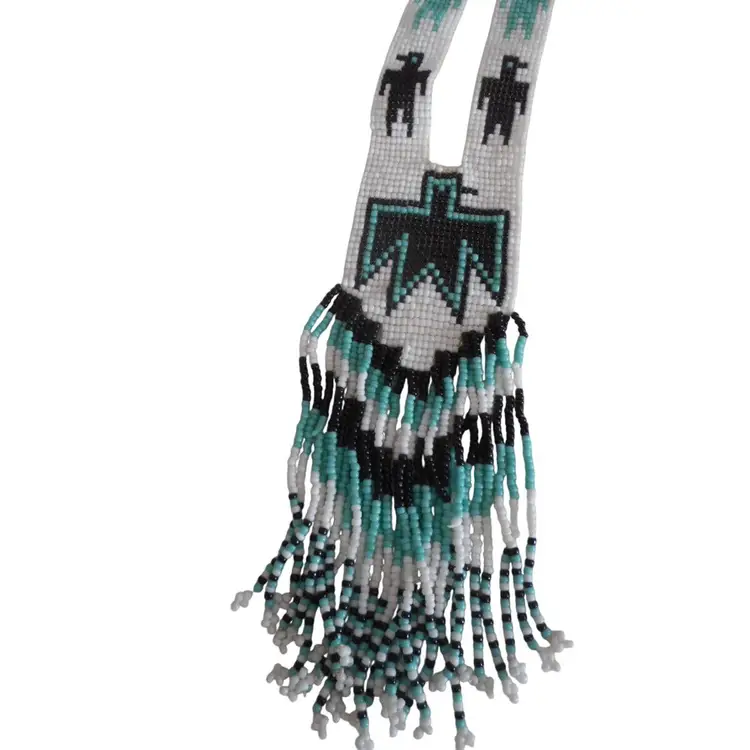 Vintage Handmade Native American Thunderbird Necklace Seed Bead 20" tassels