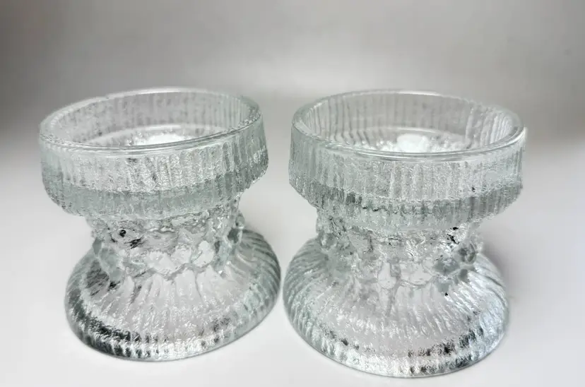 LE Smith Glass Fjord Glacial Candle Holders Set Scandinavian Textured Ice 1970s