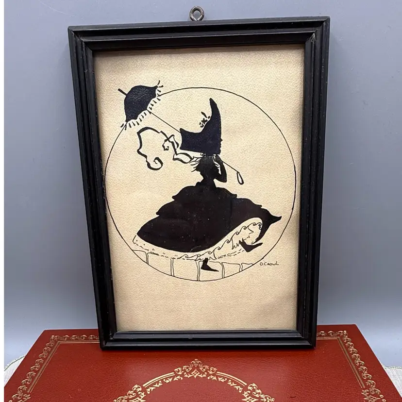 Vintage Victorian Ink Silhouette - Woman with Parasol & Bonnet - Signed O. Crowl