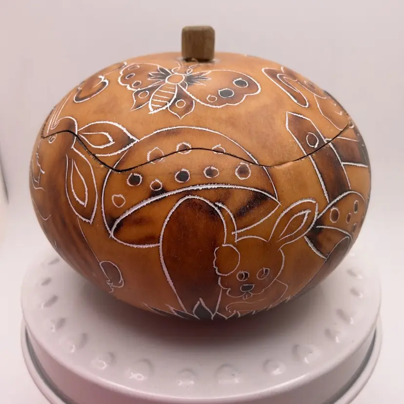 Hand Carved Hand Painted Gourd Bunny Rabbit Mushroom Butterfly Vintage Folk Art Trinket Box 3”