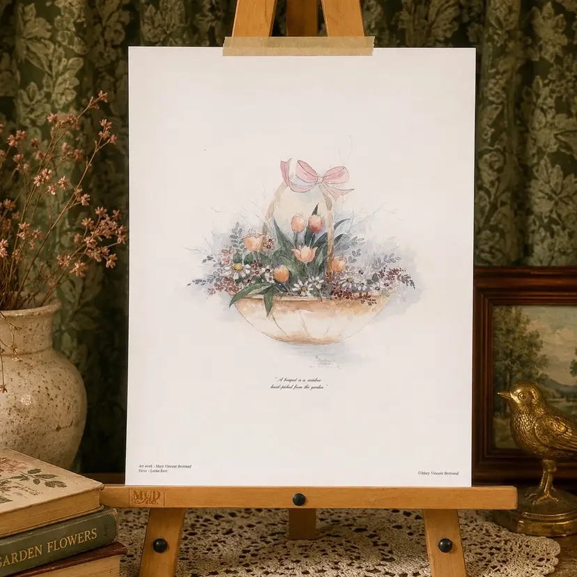 ◡̈ 
Vintage ◡̈ Mary Vincent Bertrand ◡̈ Limited Edition ◡̈ Floral Print #821/2400 | Lorna Kerr Verse | ◡̈ Garden Basket Art ◡̈  14” X 18” ◡̈