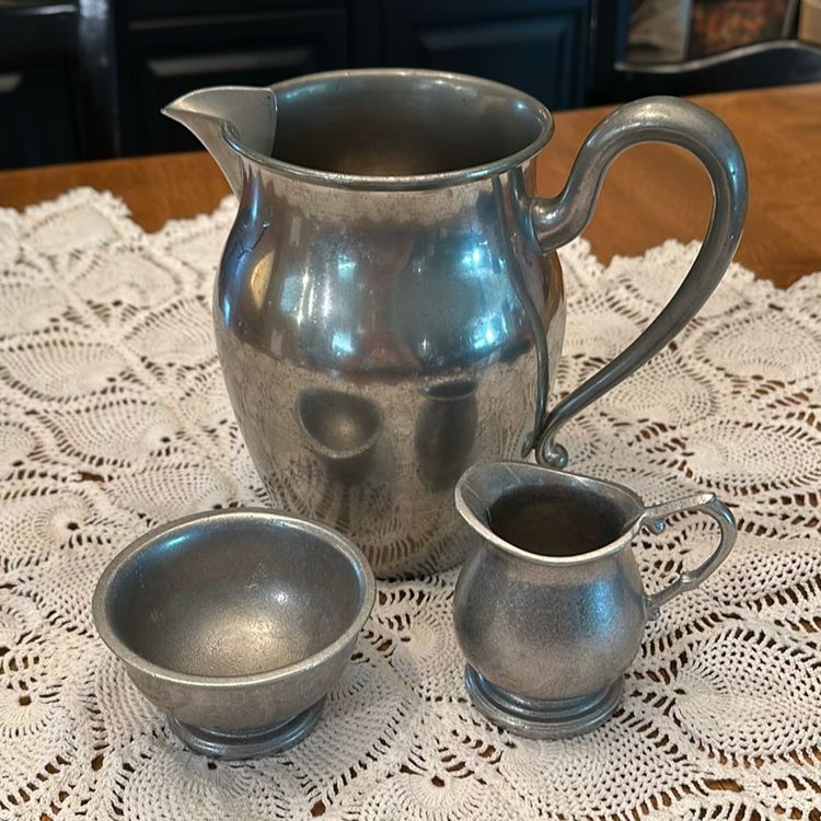 Vintage Pewter Water Pitcher, Sugar, & creamer.
