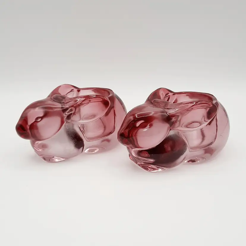Pink Cranberry Glass Bunny Rabbit Tealight Votive Candle Holders Set of 2
