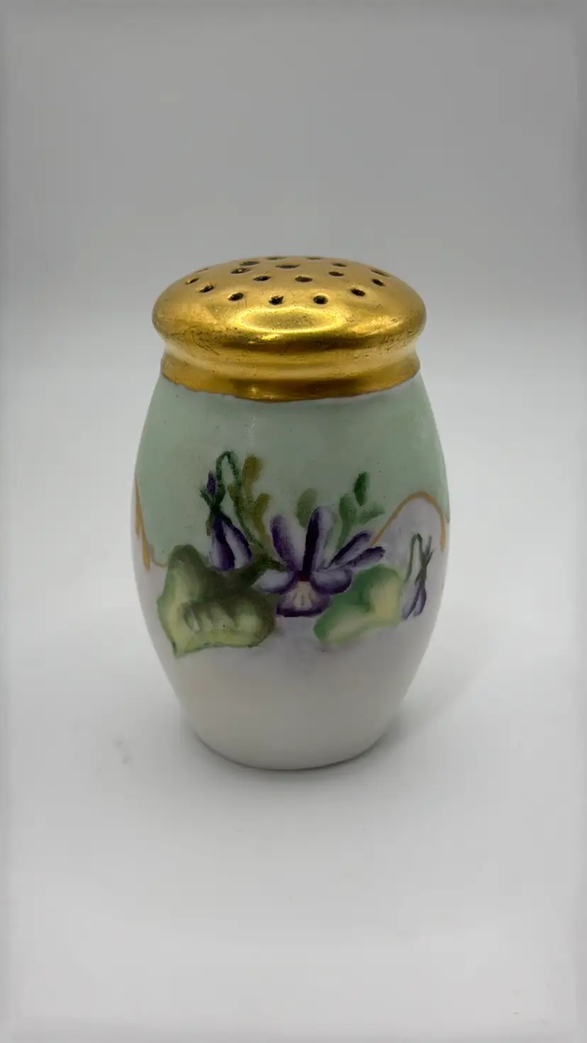 Small porcelain hatpin holder violets with gold top 3” tall signed