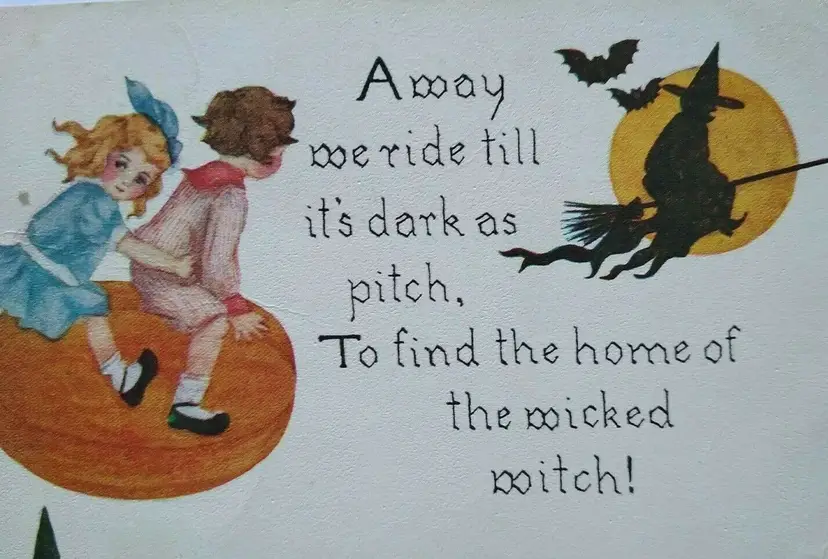 Halloween Postcard Kids Flying On Pumpkin Chases A Witch 857 FA Owen