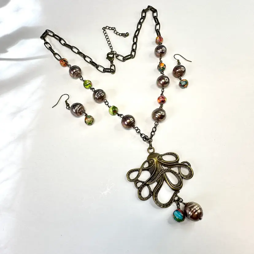 Jewelry Set Octopus Necklace Earrings Set Bead Accents Brass Tone Handmade 22”L