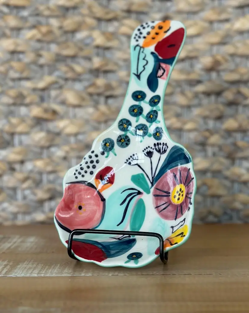 Anthropologie Ceramic Hand Painted Floral Theme Stoneware Spoon Rest