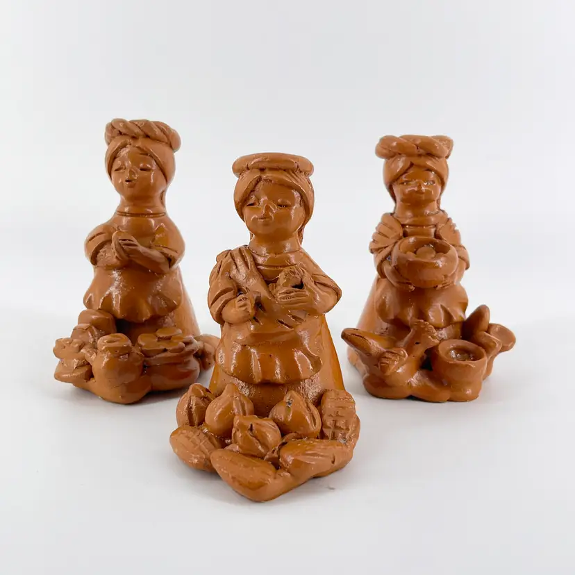Vtg Lot 3 Hand Molded Red Clay Trio Of Mothers 3.5" Figurines
