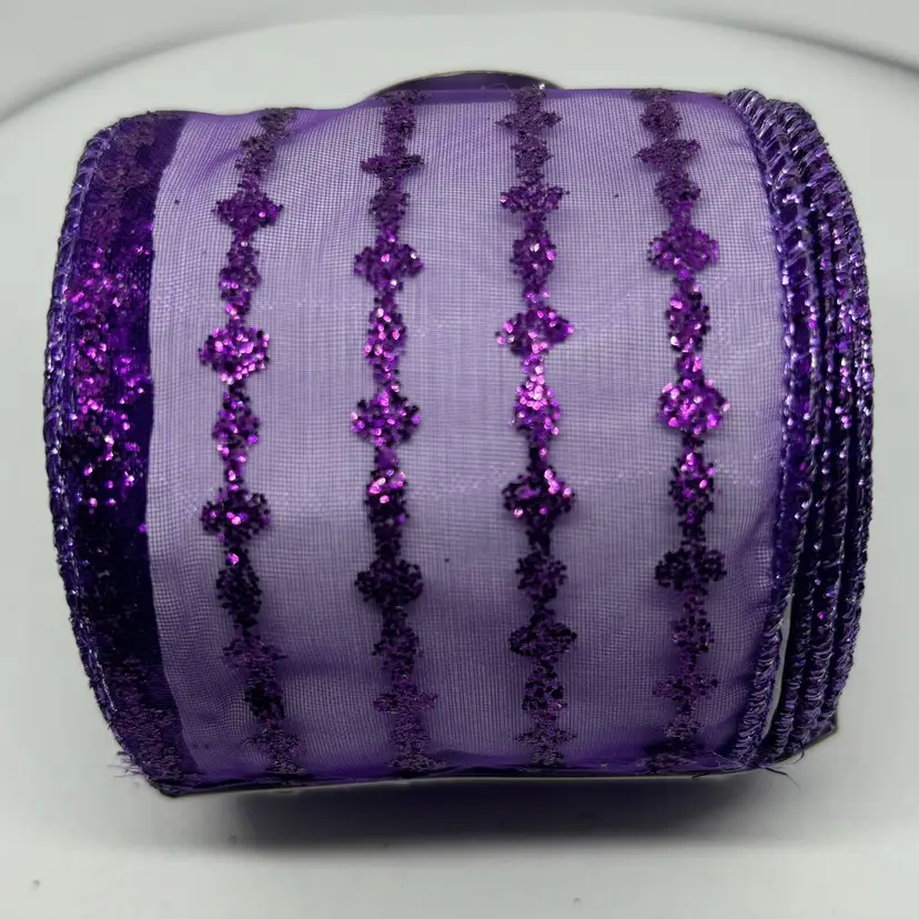 New 2.5" x 25' Wired Ribbon Sheer Lavender With Purple Glitter Pattern