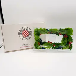 Peggy Karr Signed Fused Glass Christmas Holly Berry Rectangle Tray
