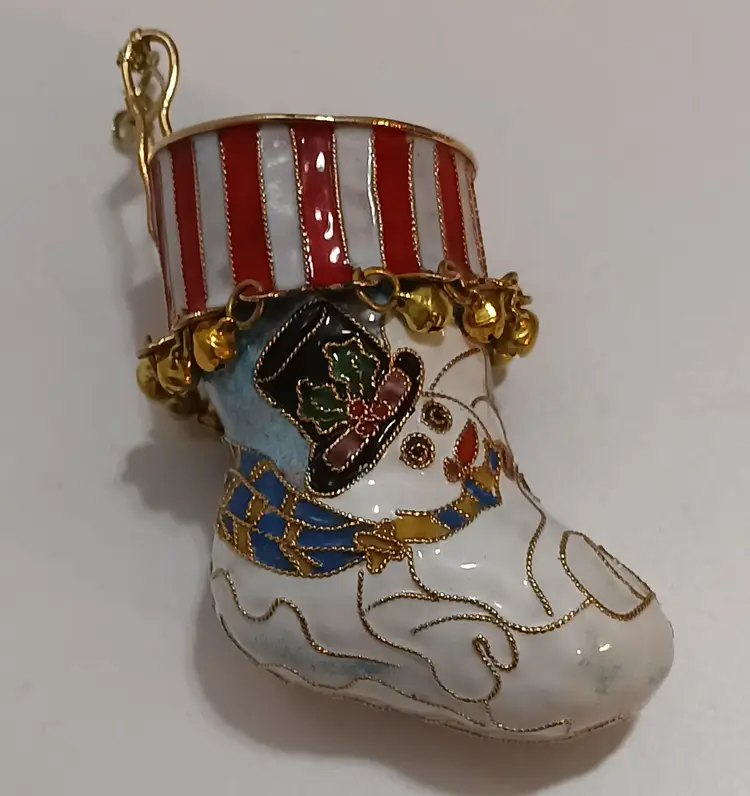 Comical Skiing Snowman Cloisonne Enamel Christmas Ornament With Jingles