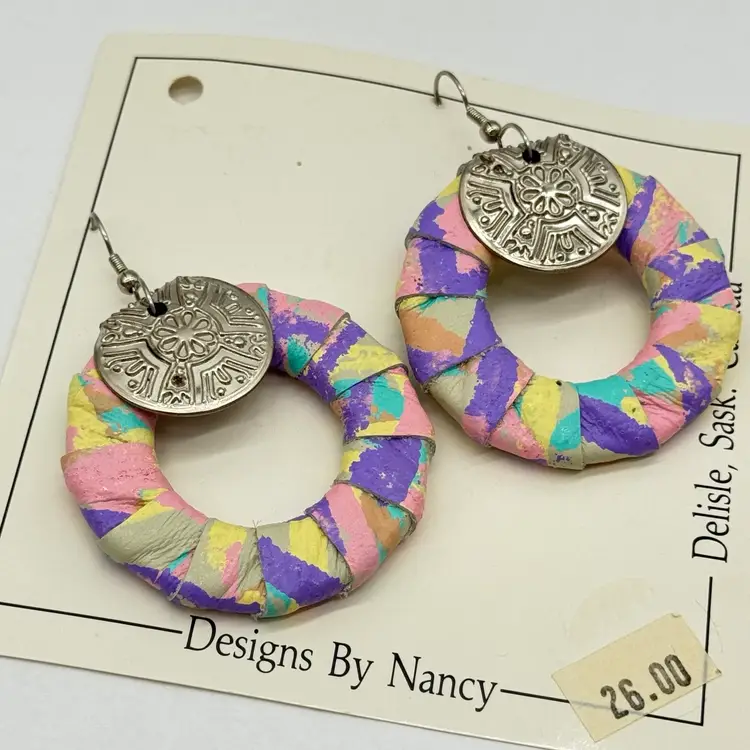 Vintage 1980’s Hand Made Dangle Earrings Leather Metal Mixed Material Retro OOAK