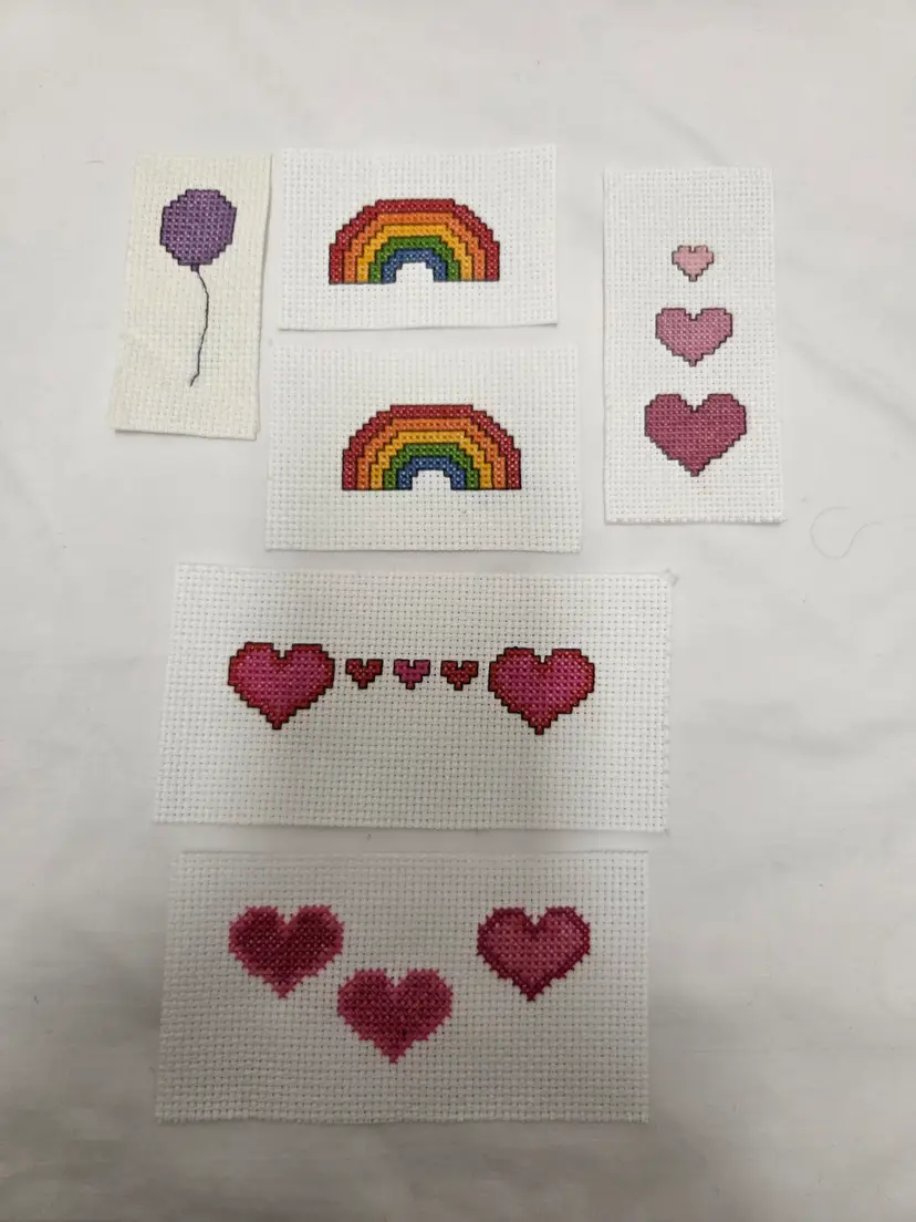 Six New Handmade Cross-stitched Pieces Hearts, Rainbows and Balloon