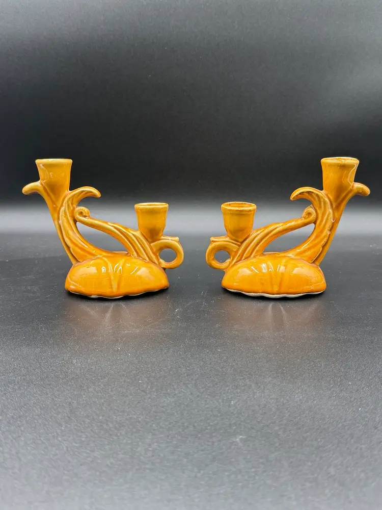 2 Vtg Camark USA 269 Pottery Double Candle Holders, Art Deco, Goldenrod